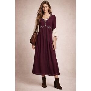 M G Apparel Babydoll Dress Womens M Burgundy Plaid Trim Vintage Cottagecore